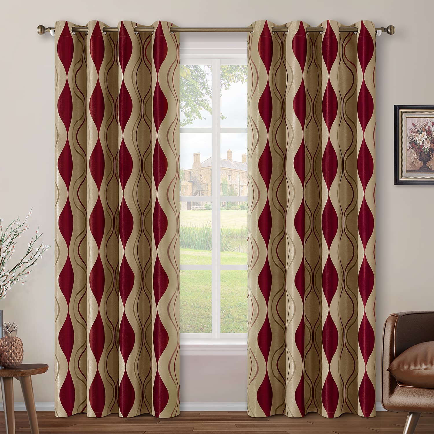 Homeideas Burgundy And Beige Wave Room Darkening Curtains 52 X 84 Inch Long Jacquard Grommet Window Curtains Drapes For Living R